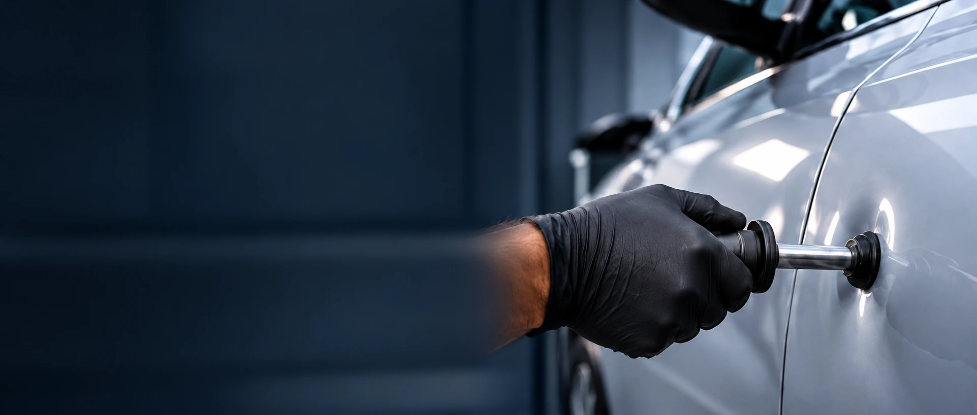 Technician performing paintless dent repair on a vehicle