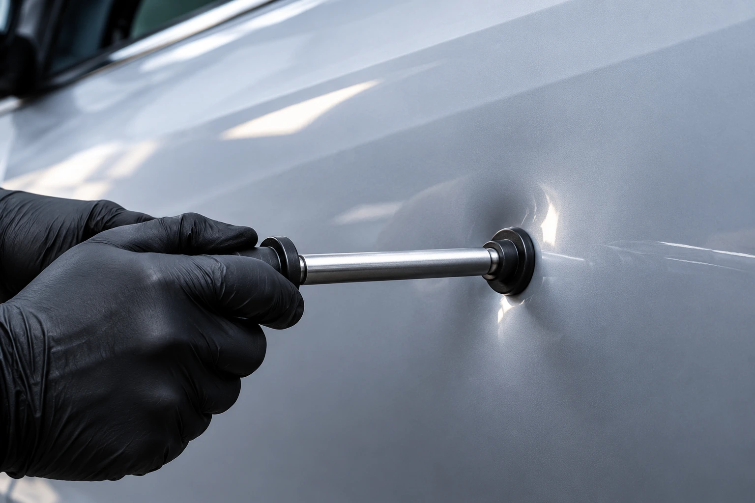 Paintless dent repair being performed on a vehicle