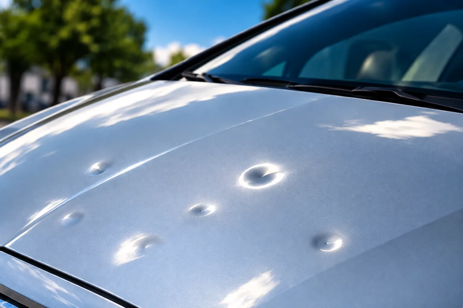 Vehicle hood showing hail damage dents