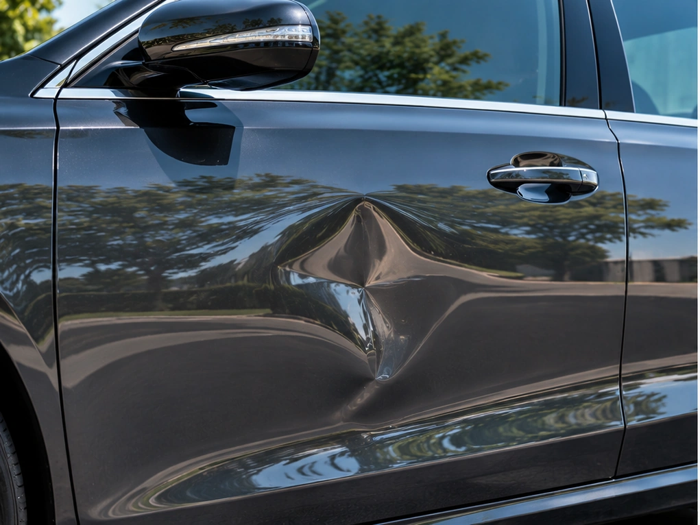 Side door dent before repair
